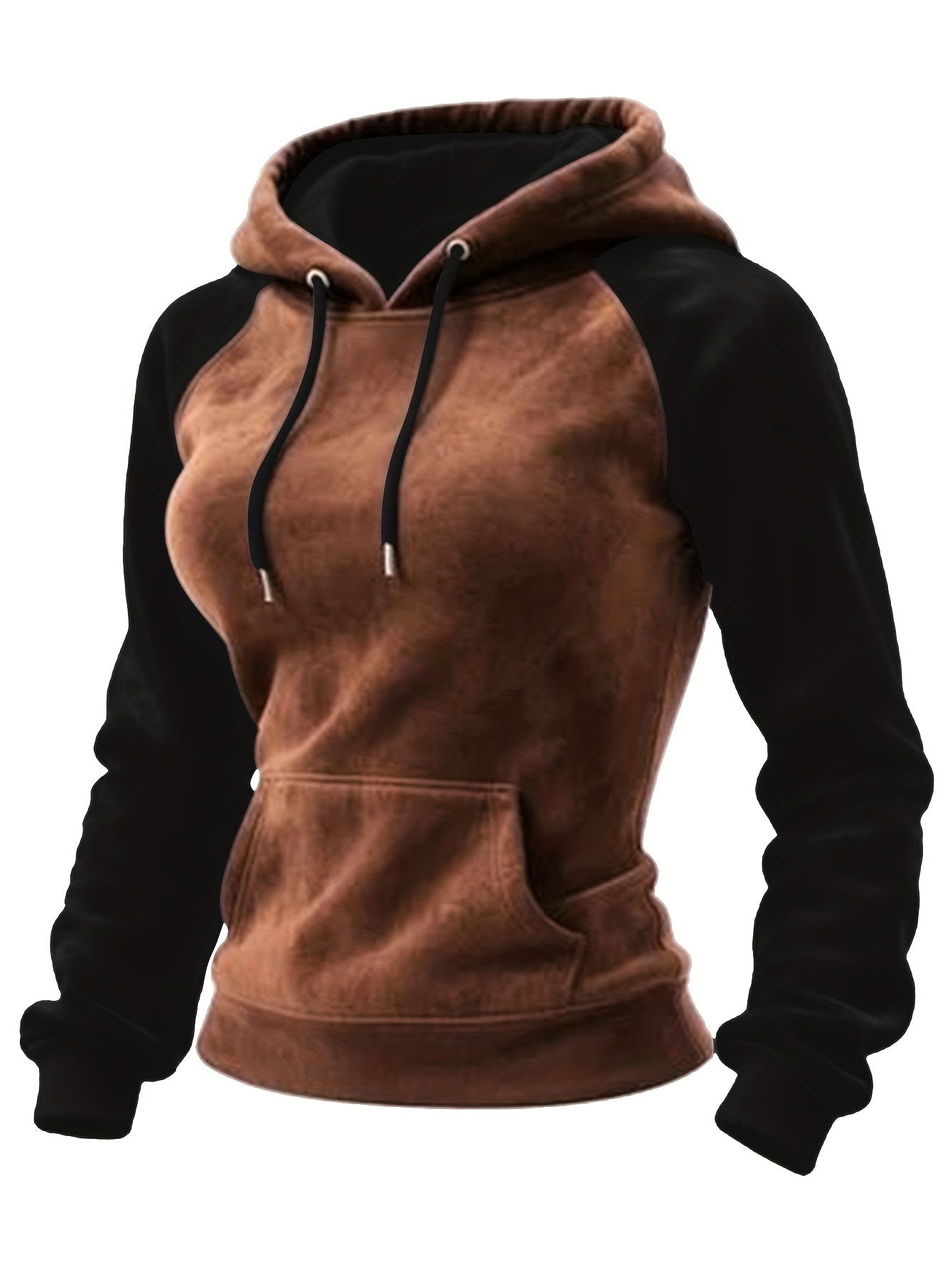 Hoodie Raglan Zweifarbig Braun Schwarz Damen Kapuzenpullover Kängurutasche