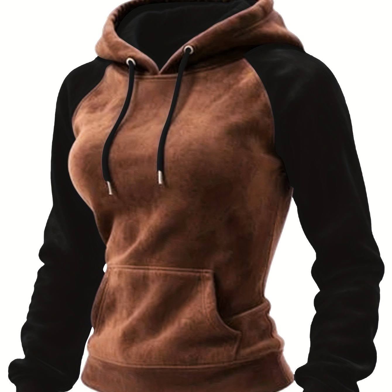 Hoodie Raglan Zweifarbig Braun Schwarz Damen Kapuzenpullover Kängurutasche