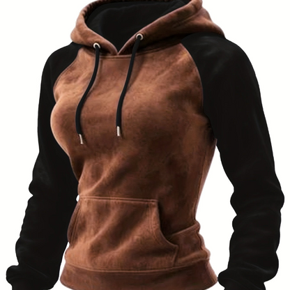 Hoodie Raglan Zweifarbig Braun Schwarz Damen Kapuzenpullover Kängurutasche