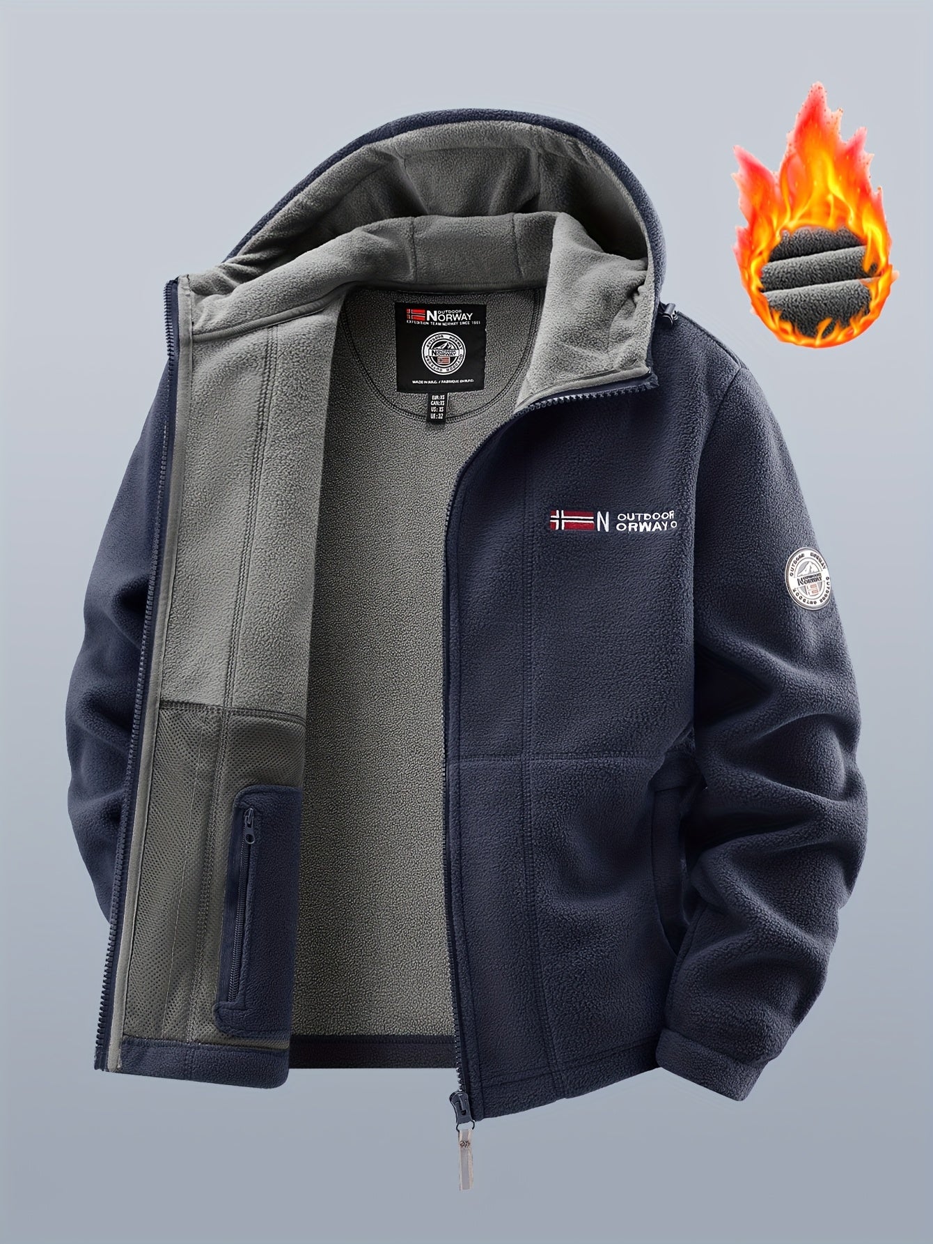 Chaqueta polar de exterior para hombre con capucha – Forro cálido, cierre de cremallera, bolsillo en el pecho