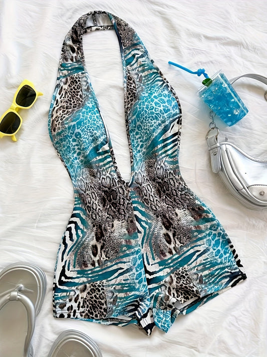Mono de mujer con estampado animal y escote pronunciado – Prenda de una pieza a la moda para verano, playa y fiestas
