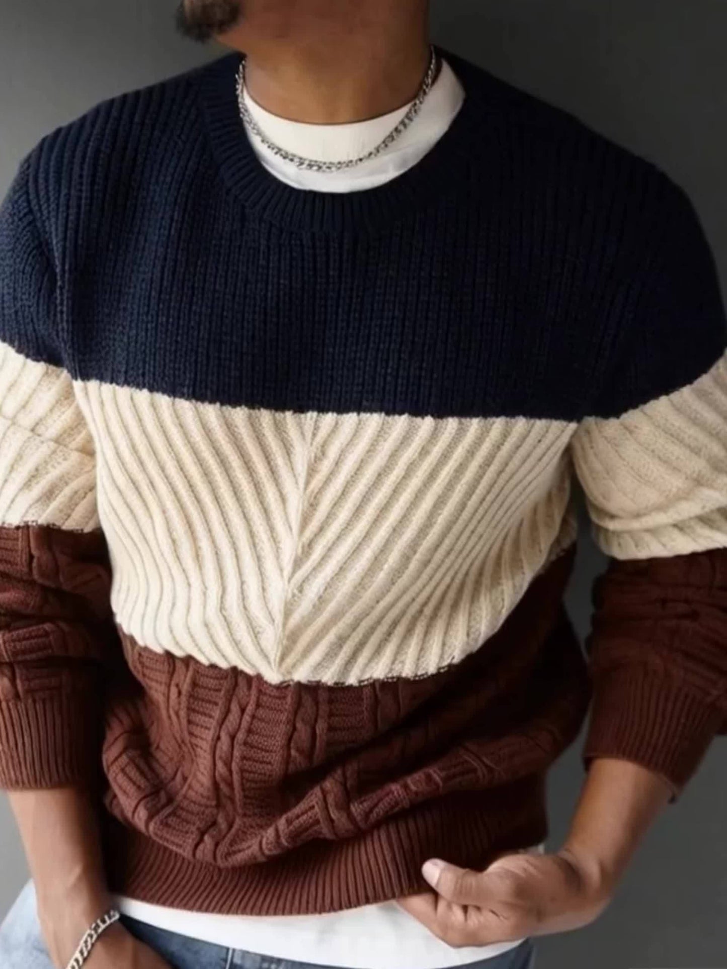 Maglione da uomo in maglia color block blu, beige e marrone, girocollo