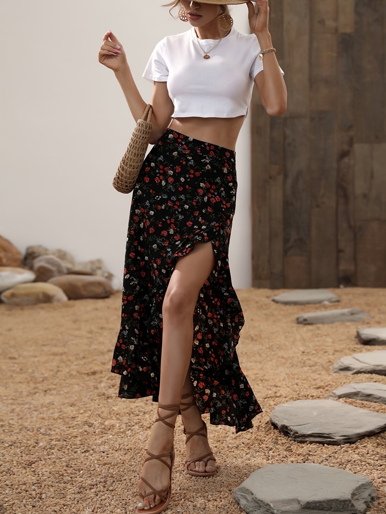 Damen Maxirock Elegant mit Blumenmuster und Volants für Frühling und Sommer