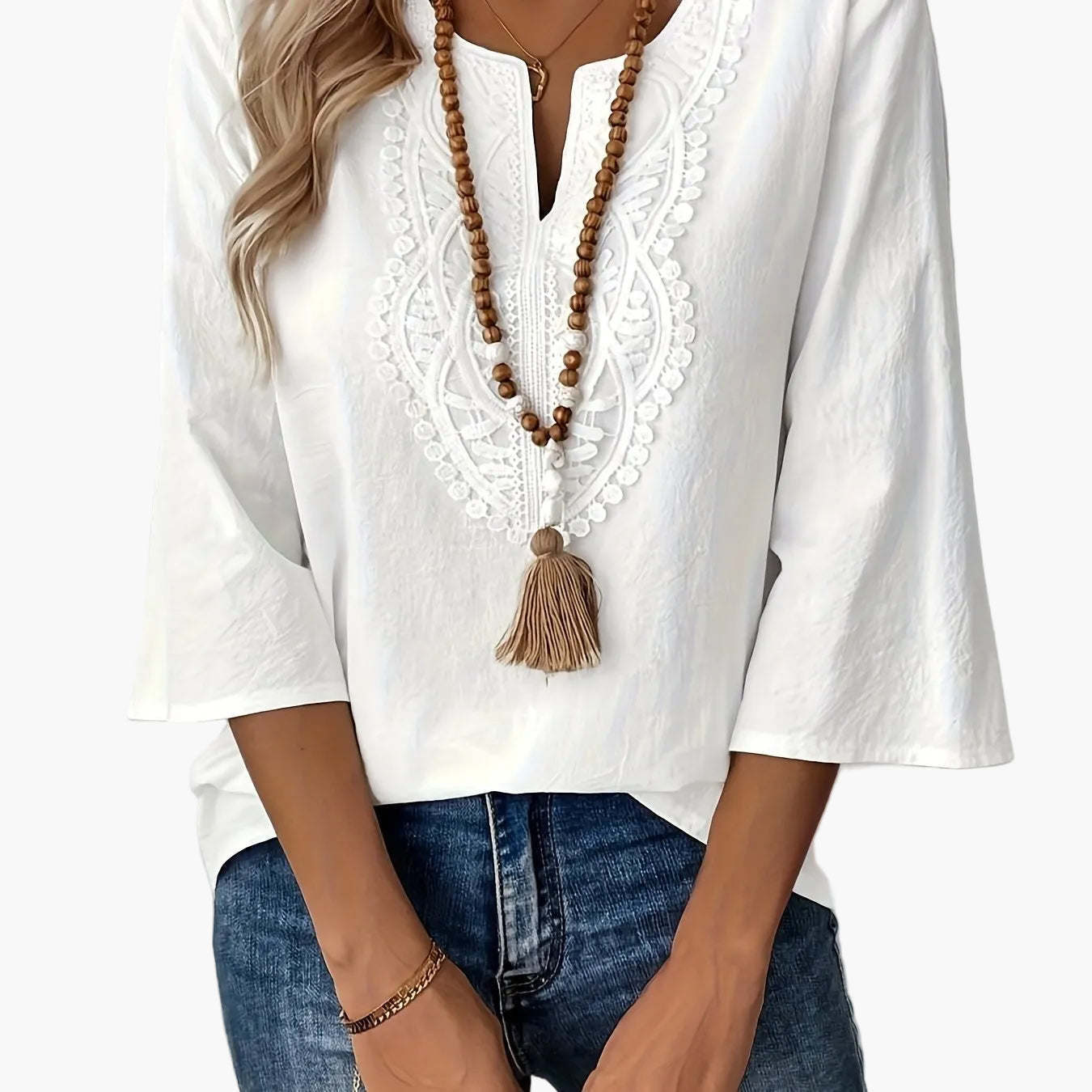 Damen Boho-Bluse mit Stickerei und 3/4-Ärmeln – Elegante Tunika für Alltag & Freizeit