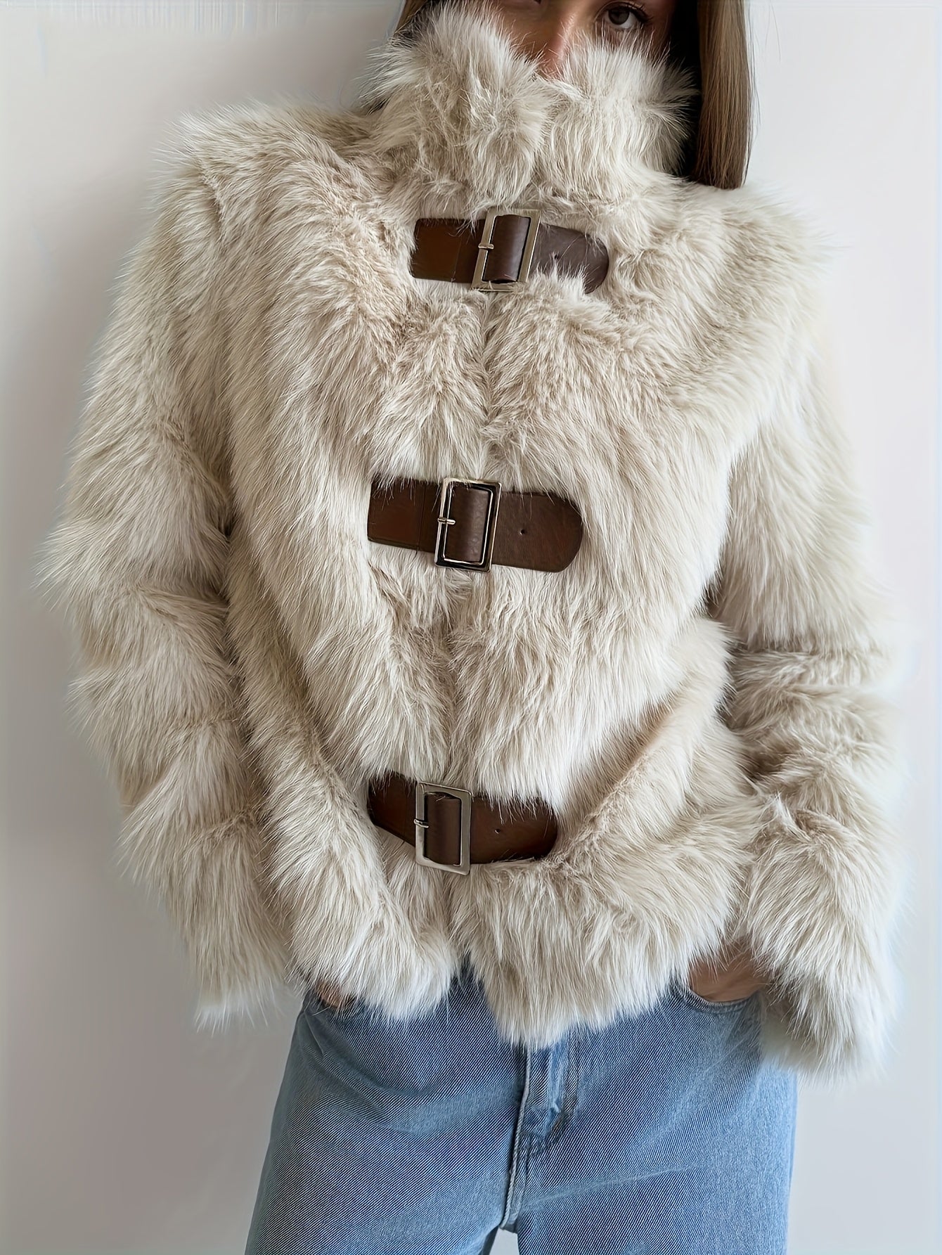 Giacca da donna in pelliccia sintetica beige con fibbie e collo alto
