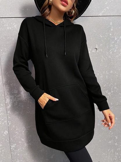 Damen Hoodie-Kleid Schwarz Langarm Kapuzenpullover Tunika Kängurutasche