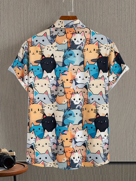 Heren kortarmig overhemd met grappig kattenpatroon – Speels vrijetijdsoverhemd voor zomer en dagelijks gebruik