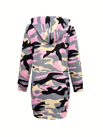 Dameshoodiejurk met camouflagemotief, roze en grijs, lange mouwen