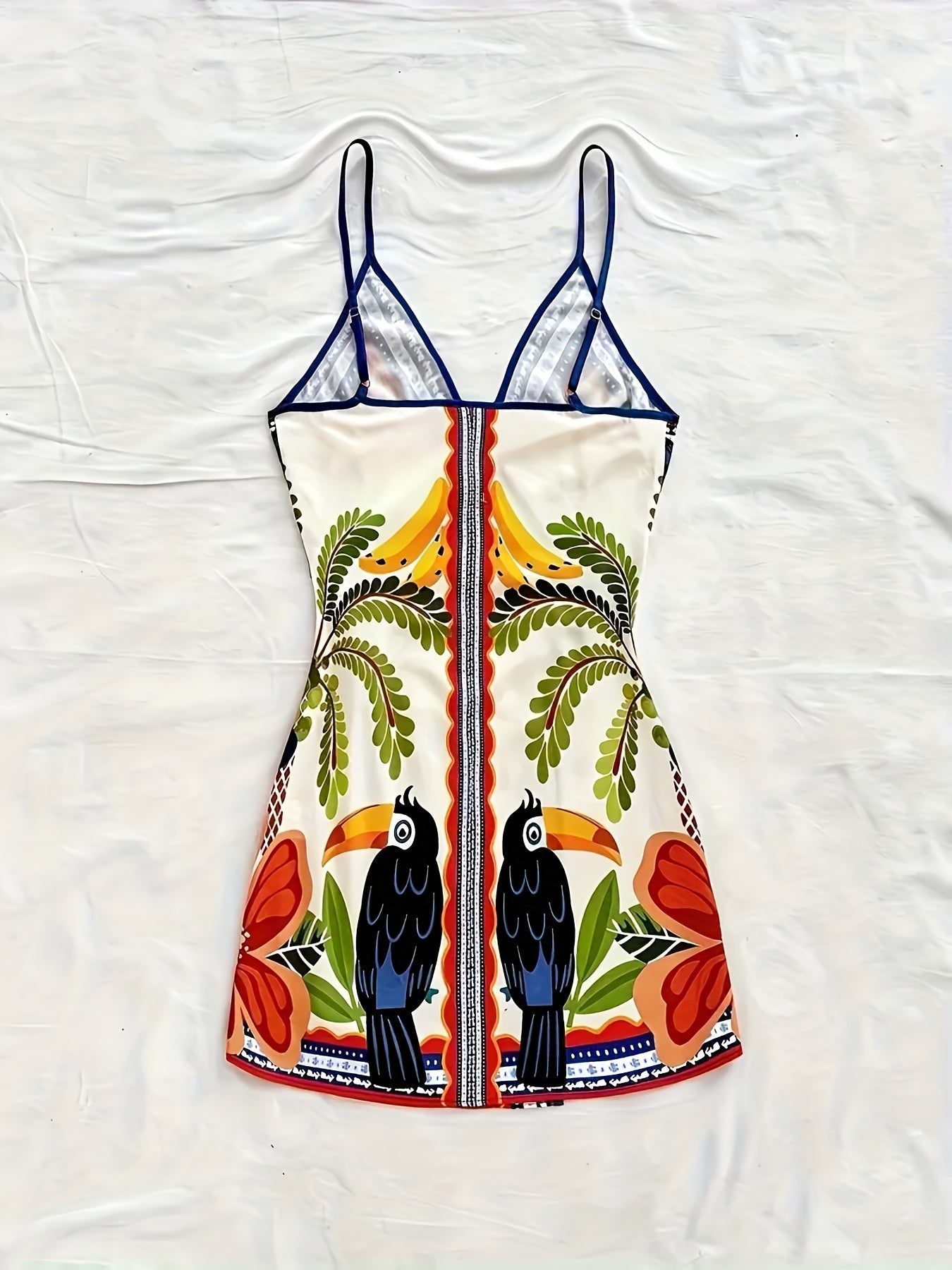 Damen Wickelkleid Sommer Tropischer Print – Blumen & Papagei, V-Ausschnitt, Freizeit & Strand