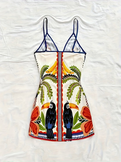 Damen Wickelkleid Sommer Tropischer Print – Blumen & Papagei, V-Ausschnitt, Freizeit & Strand