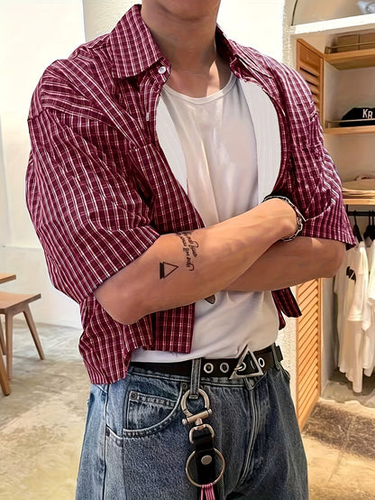 Herre kortermet oversized skjorte i rutete streetwear-stil – avslappet mote for fritid og hverdag