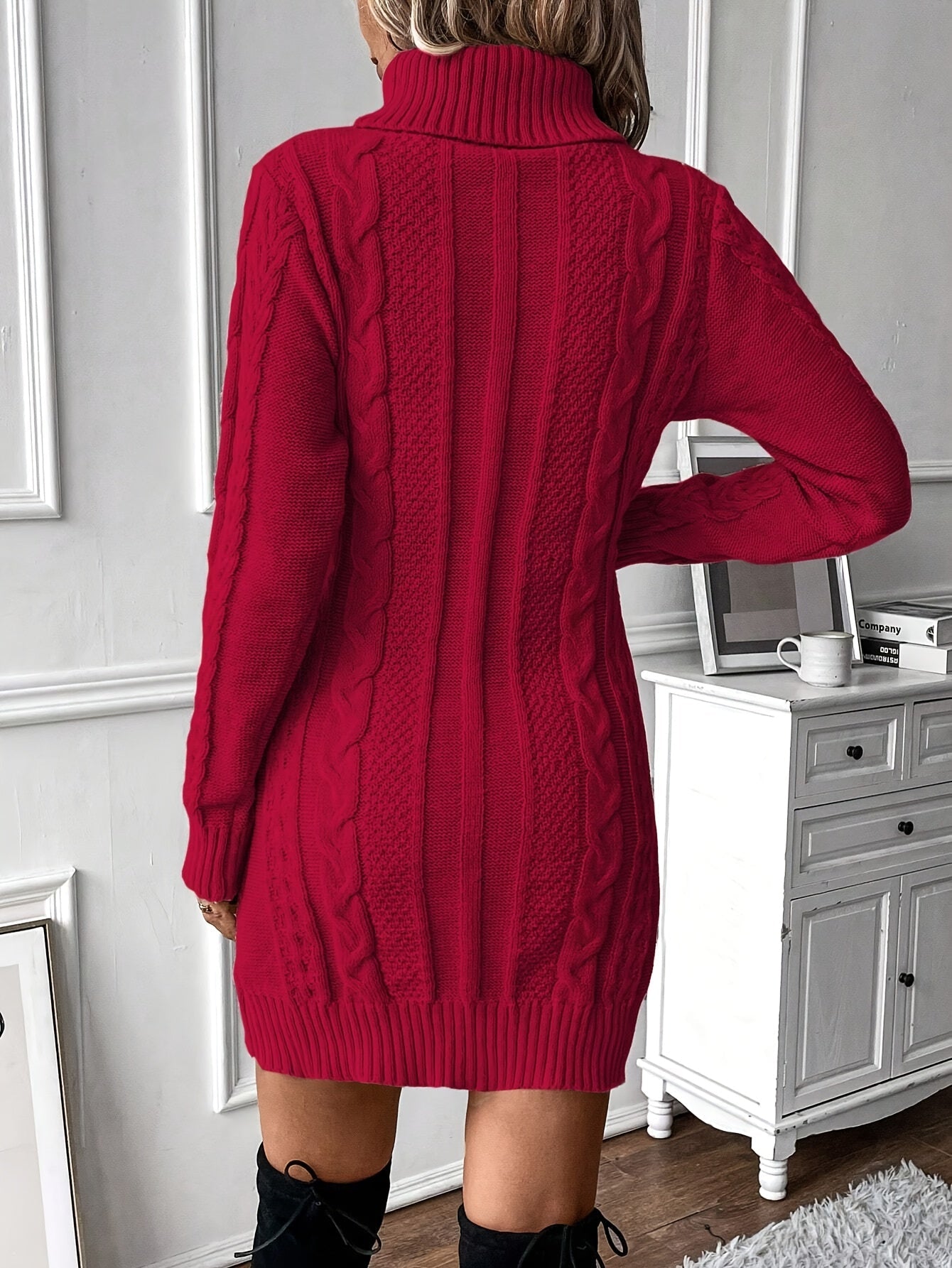 Damen Strickkleid Rollkragen Zopfmuster Langarm
