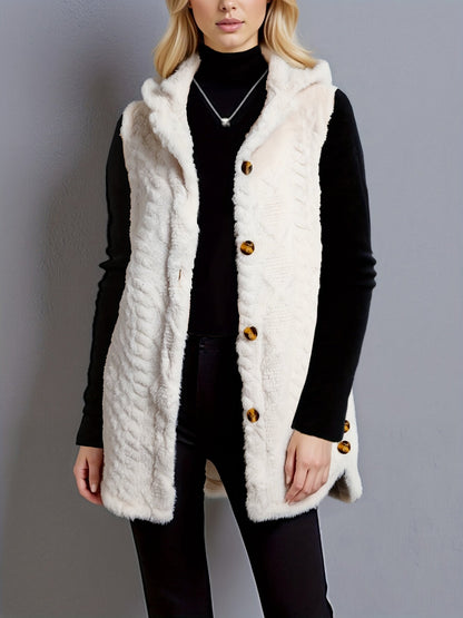 Gilet da donna con cappuccio in pile teddy e bottoni, bianco