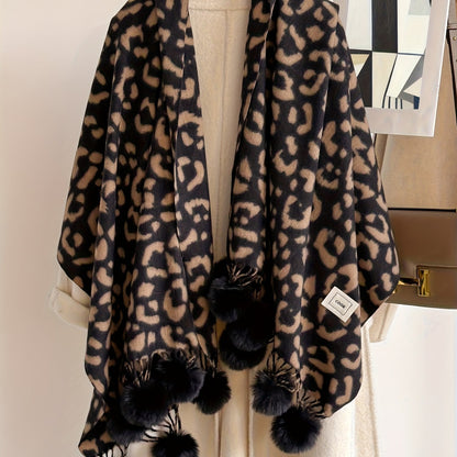 Schal mit Leopardenmuster und Pompons, weiches Material