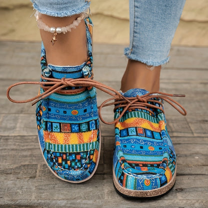 Damen Vintage Freizeitschuhe mit Boho-Muster und Schnürung – Bequeme Alltags-Slipper im Ethno-Stil
