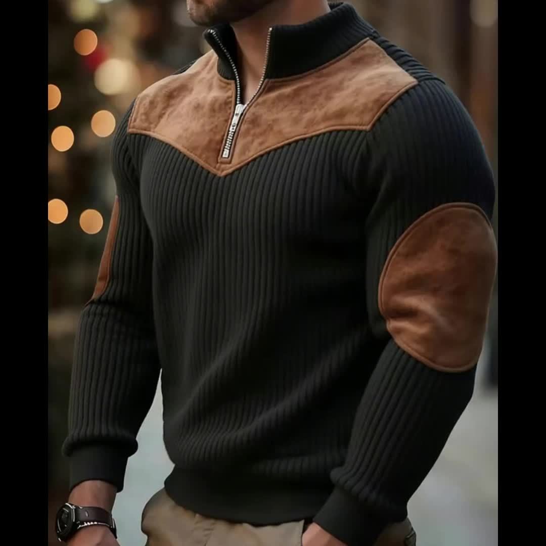 Herren Rippstrick Pullover mit Reißverschluss Stehkragen und Patches