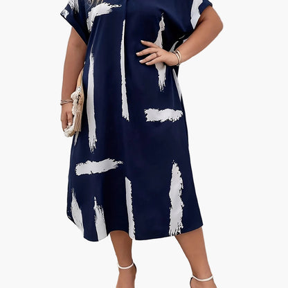 Damen Elegant Midi Tunika Kleid mit V-Ausschnitt und Modernem Print – Ideal für Alltag und besondere Anlässe