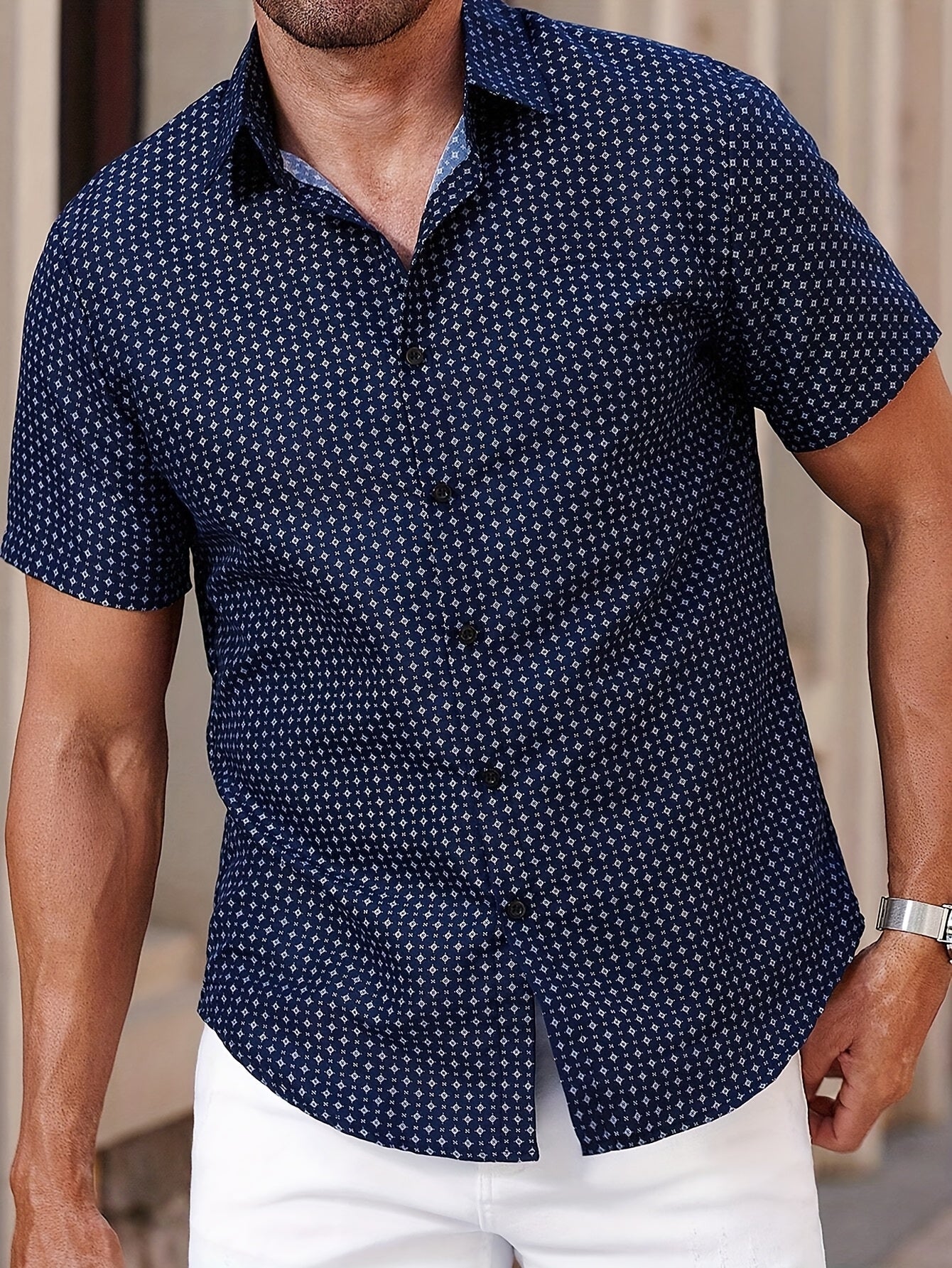 Camicia uomo a maniche corte con motivo geometrico – Elegante per tutti i giorni e l’estate