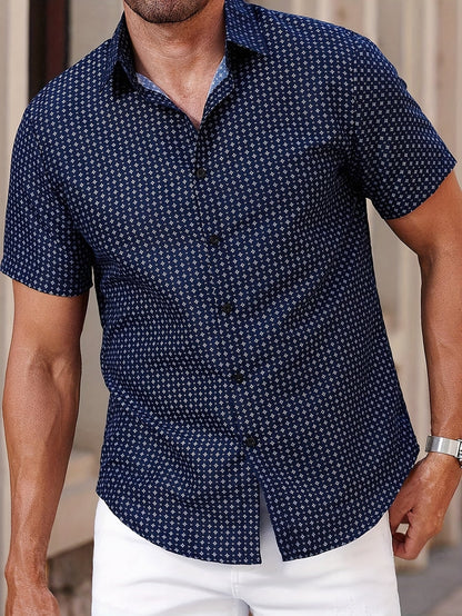 Camicia uomo a maniche corte con motivo geometrico – Elegante per tutti i giorni e l’estate