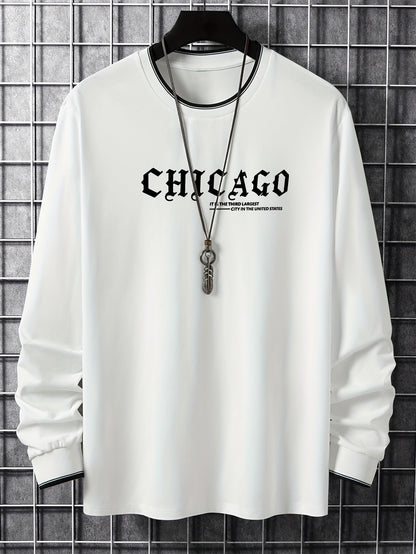 Herren Langarmshirt mit Chicago-Schriftzug und Rippbündchen, Rundhalsausschnitt