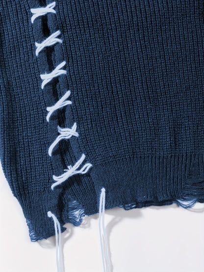 Unisex Strickpullover mit Kreuzstich-Detail und zerrissenem Saum