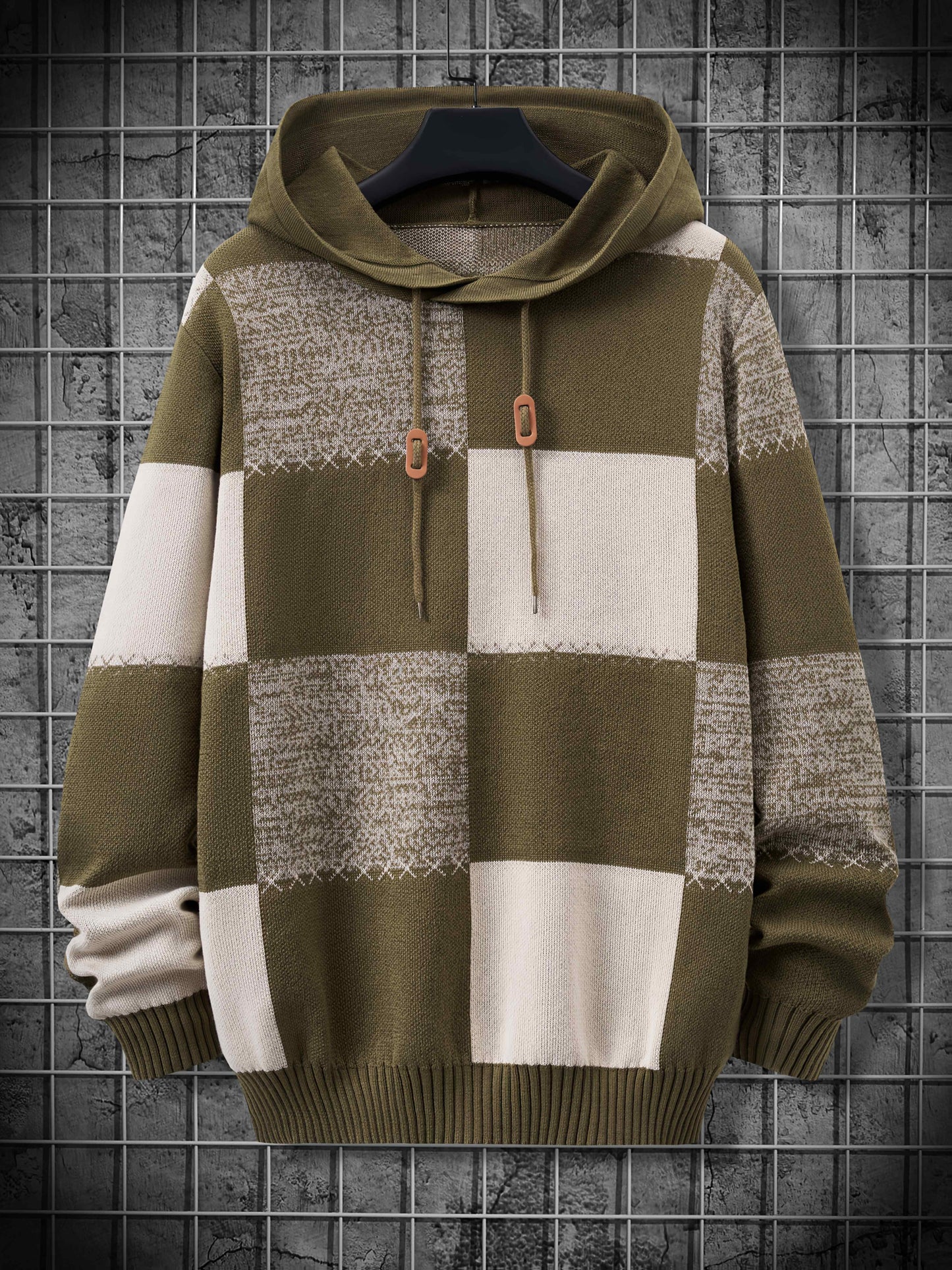 Herren Strick Hoodie Patchwork Design Langarm Herrenpullover