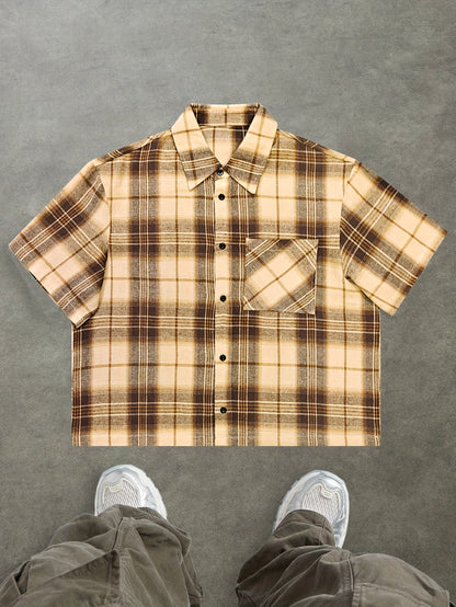 Camisa de cuadros oversize de manga corta para hombre con estilo streetwear – moda casual para el día a día y salidas