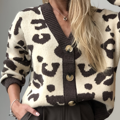 Damen Cardigan V-Ausschnitt Strickjacke Animal-Print Beige Braun