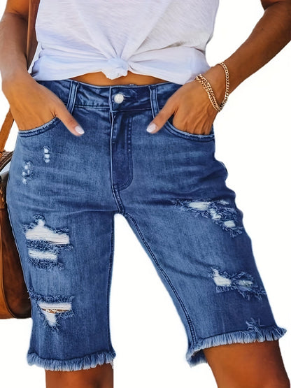 Bermuda jeans da donna effetto usato con frange – Moda estiva alla moda, streetwear e tempo libero