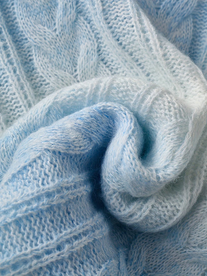 Damen Strickpullover Zopfmuster Blau Weiß Gemütlich Rundhals Langarm