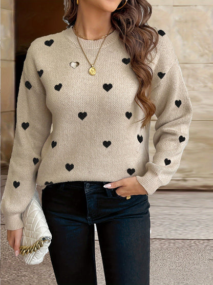 Damen Strickpullover mit Herzmuster Rundhals Langarm