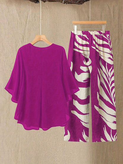 Conjunto de dos piezas para mujer elegante – Pantalón ancho con estampado tropical y blusa suelta, conjunto moderno para vacaciones