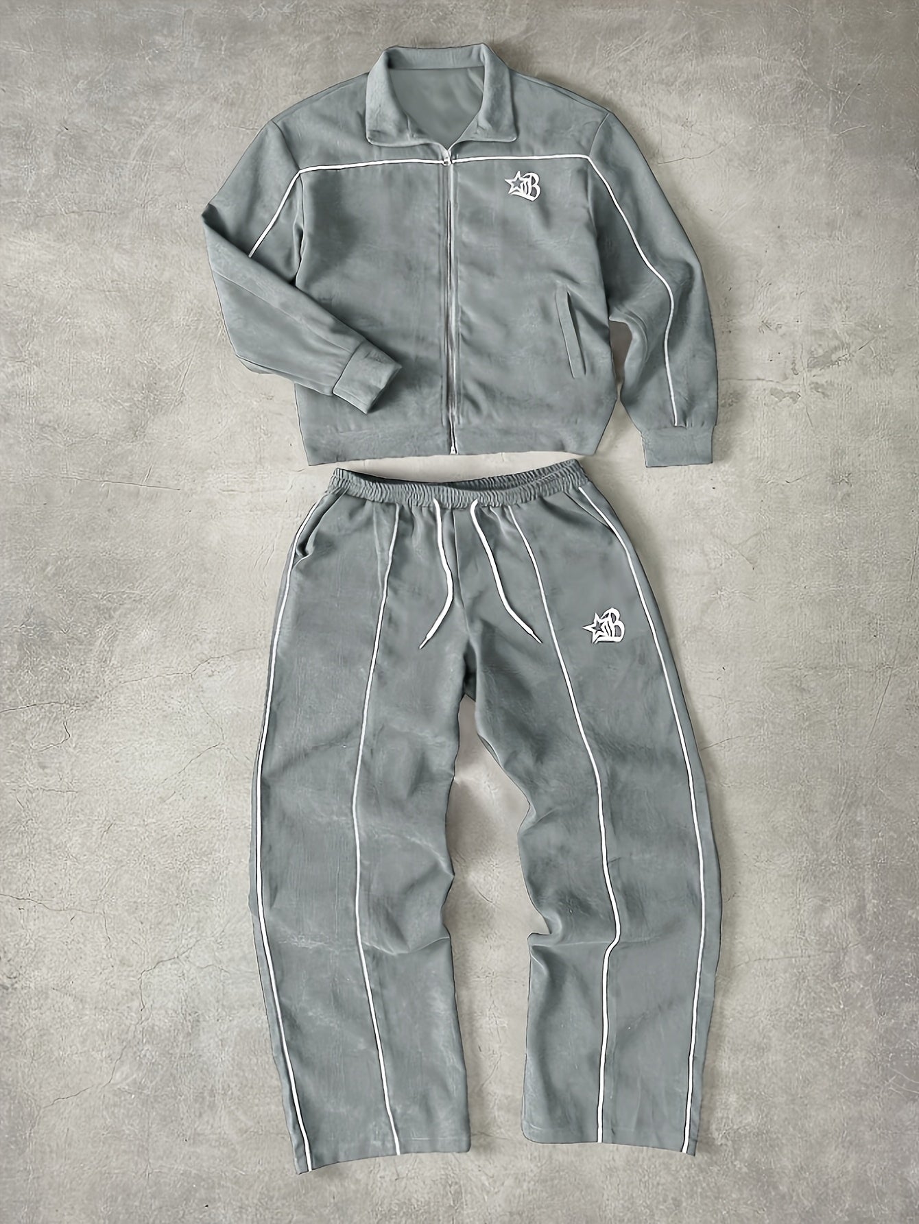 Tuta da ginnastica unisex con giacca con cerniera e pantaloni, bande a contrasto, applicazione con logo