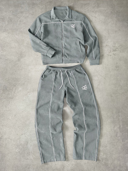 Tuta da ginnastica unisex con giacca con cerniera e pantaloni, bande a contrasto, applicazione con logo