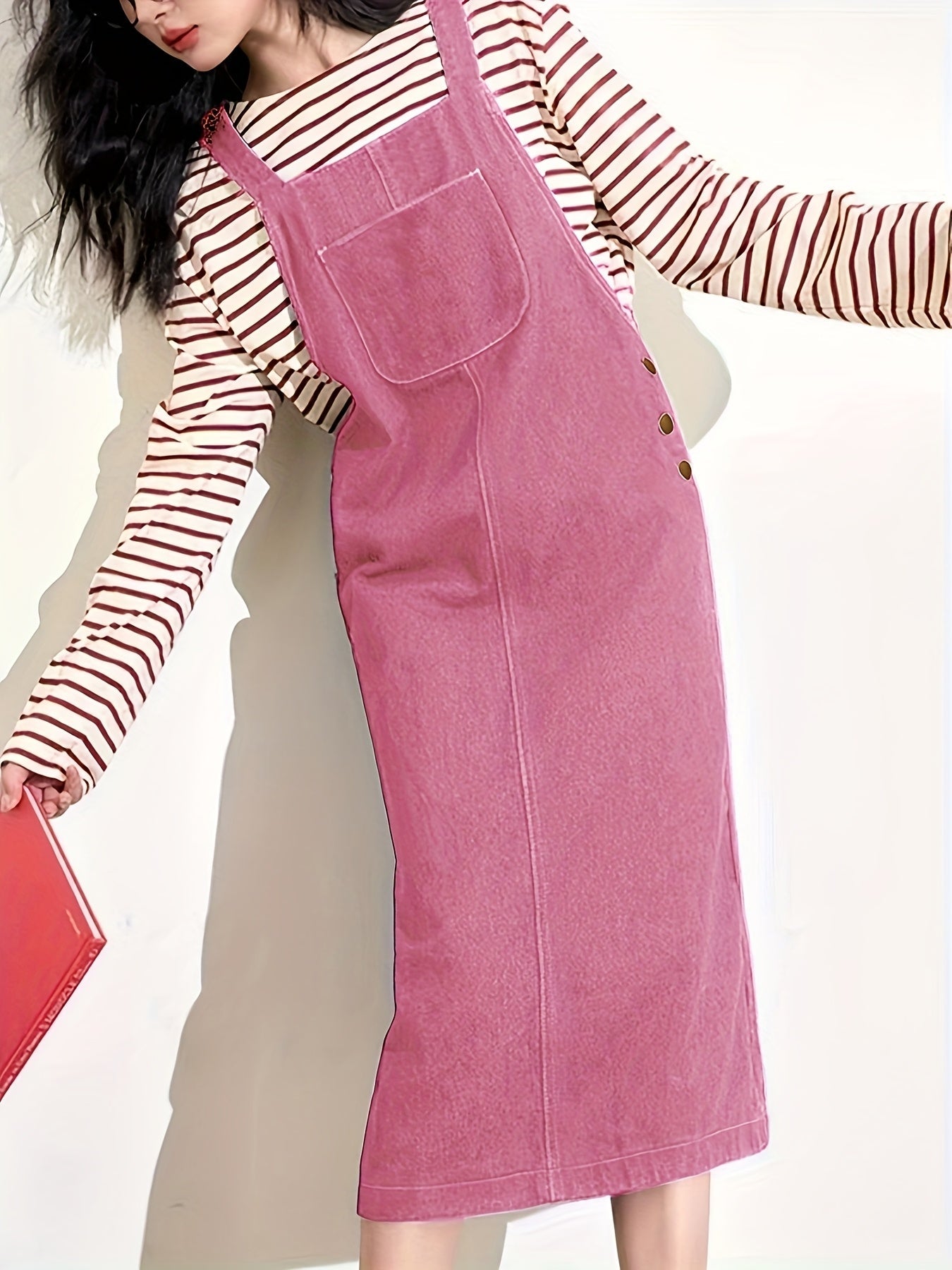 Abito jeans casual da donna con spalline e tasca frontale – Abito salopette midi per tutti i giorni e tempo libero