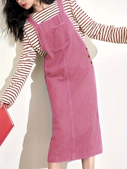 Abito jeans casual da donna con spalline e tasca frontale – Abito salopette midi per tutti i giorni e tempo libero