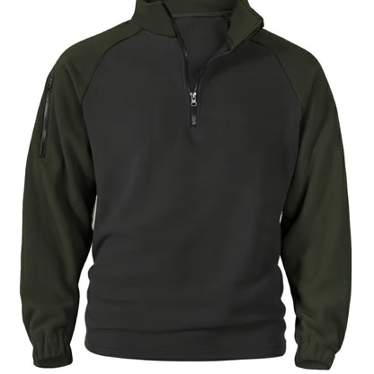 Pullover in pile da uomo, maniche raglan, chiusura a un quarto con zip, grigio scuro e marrone