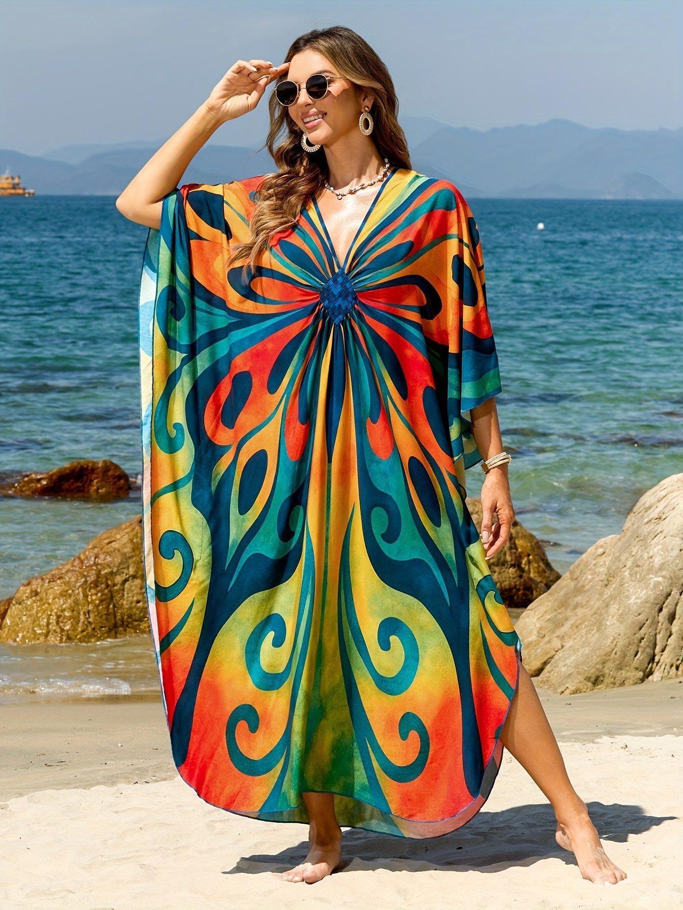 Dame Boho Maxi-kaftan til strand og ferie – Elegant batikprint, sommer cover-up