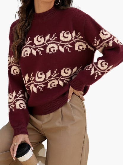 Maglione elegante da donna con motivo floreale jacquard – Ideale per autunno e inverno