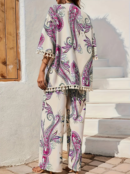 Damski zestaw boho dwuczęściowy z kimonem i szerokimi spodniami – elegancki wzór paisley na wiosnę i lato