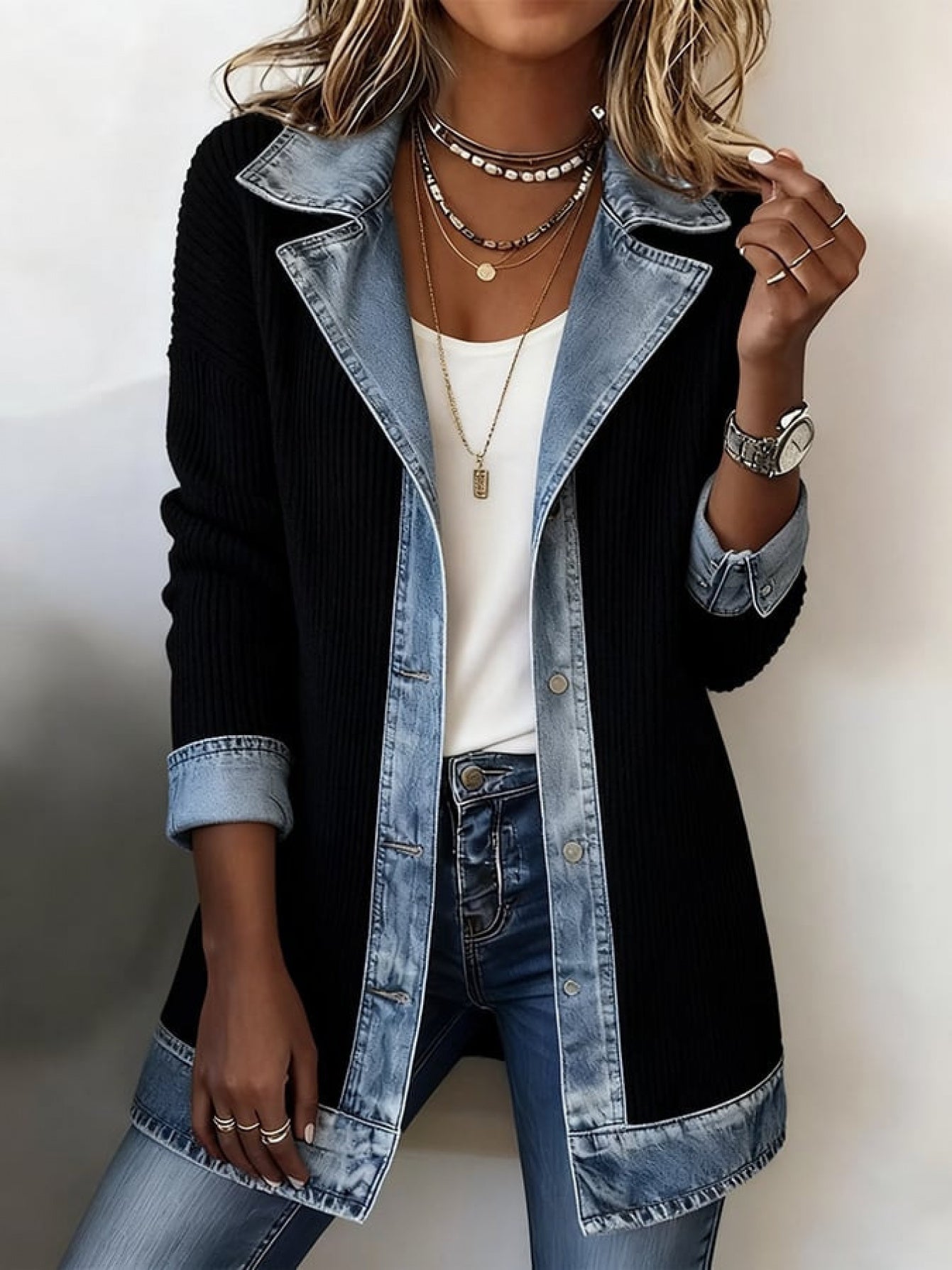 Damen Blazer im Denim-Look, Eleganter Freizeit-Jacke für Büro und Alltag