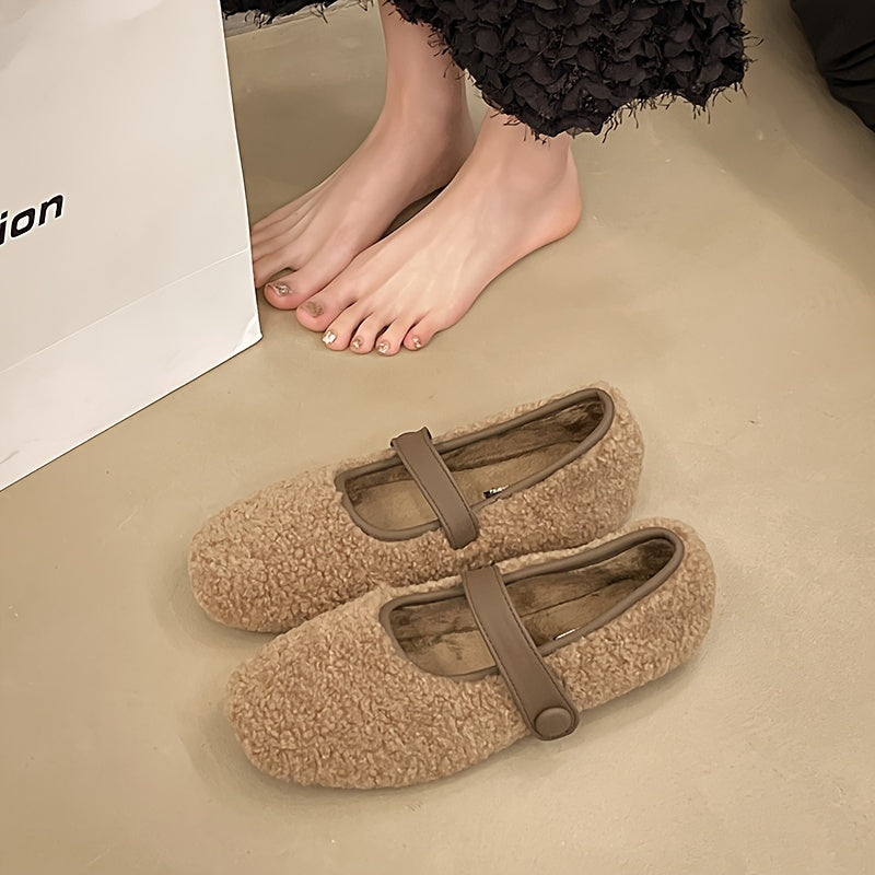 Damen Mary Jane Ballerinas Plüsch-Look mit Riemen und Knopfverschluss