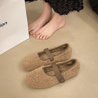 Damen Mary Jane Ballerinas Plüsch-Look mit Riemen und Knopfverschluss