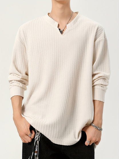 Herren Langarmshirt Henley Kragen Strukturmuster