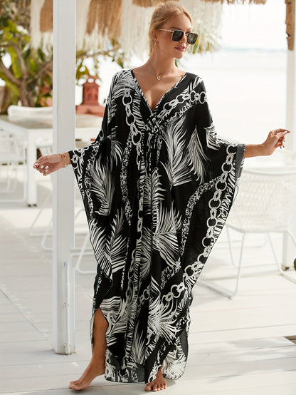 Kaftan de luxe pour femme – motif tropical de palmiers et chaînes, parfait comme paréo de plage ou de piscine