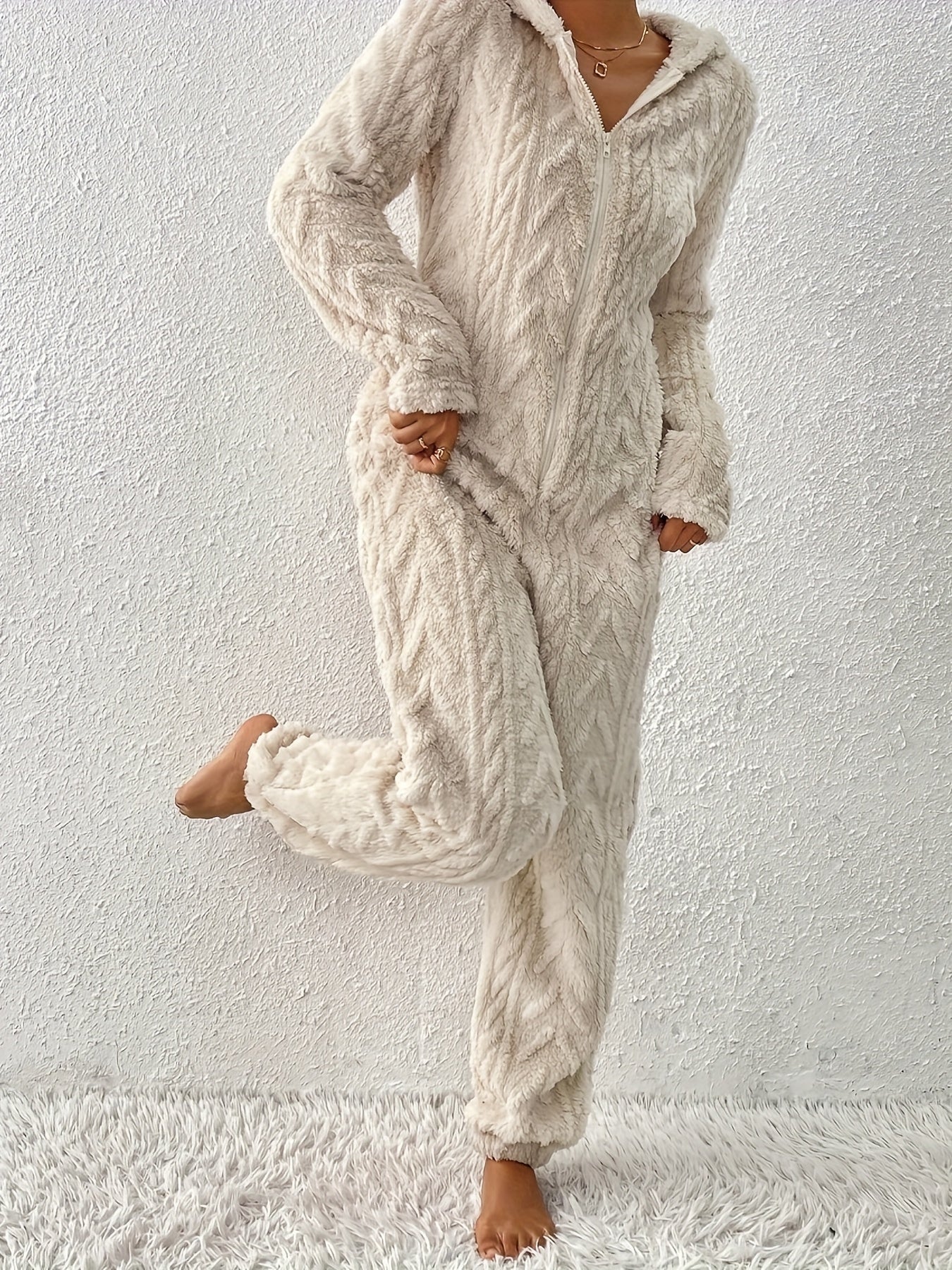 Damen Loungewear Overall Plüsch mit Kapuze und Reißverschluss