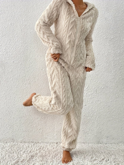 Damen Loungewear Overall Plüsch mit Kapuze und Reißverschluss