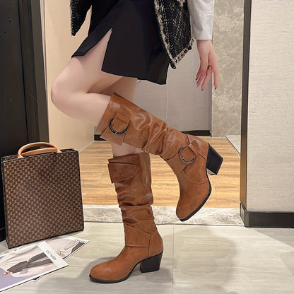 Damen Stiefel mit Schnallen und Blockabsatz, geraffter Schaft