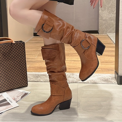 Damen Stiefel mit Schnallen und Blockabsatz, geraffter Schaft