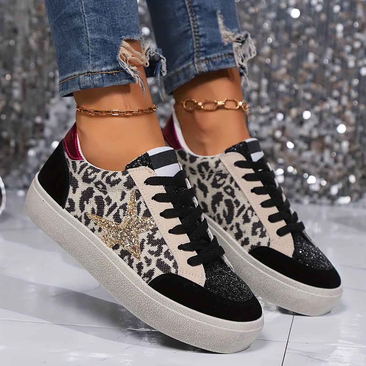 Sneaker da donna in stile street con stella glitterata e plateau – Scarpe casual alla moda